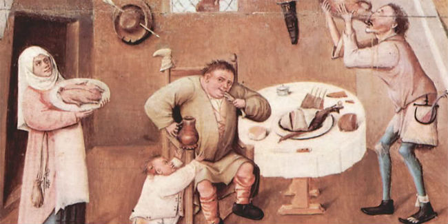 La gula es uno de los siete pecados de acuerdo con la lista hecha por el papa Gregorio Magno. // Imagen: Fragmento de "La mesa de los pecados capitales# de Hyeronimus Bosch.