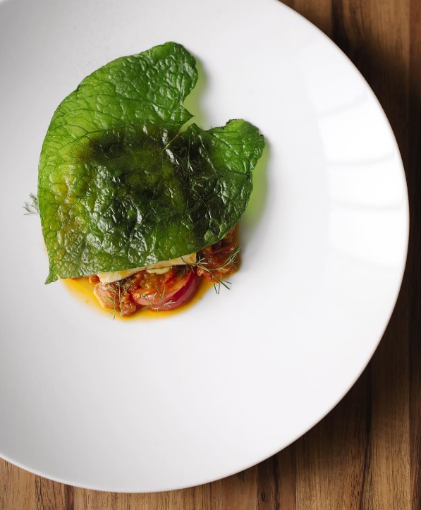 Pesca del día confitada, tomate riñon, mayonesa de aguacate, mojo de cilantro, hoja santa. // Foto: Pujol Instagram