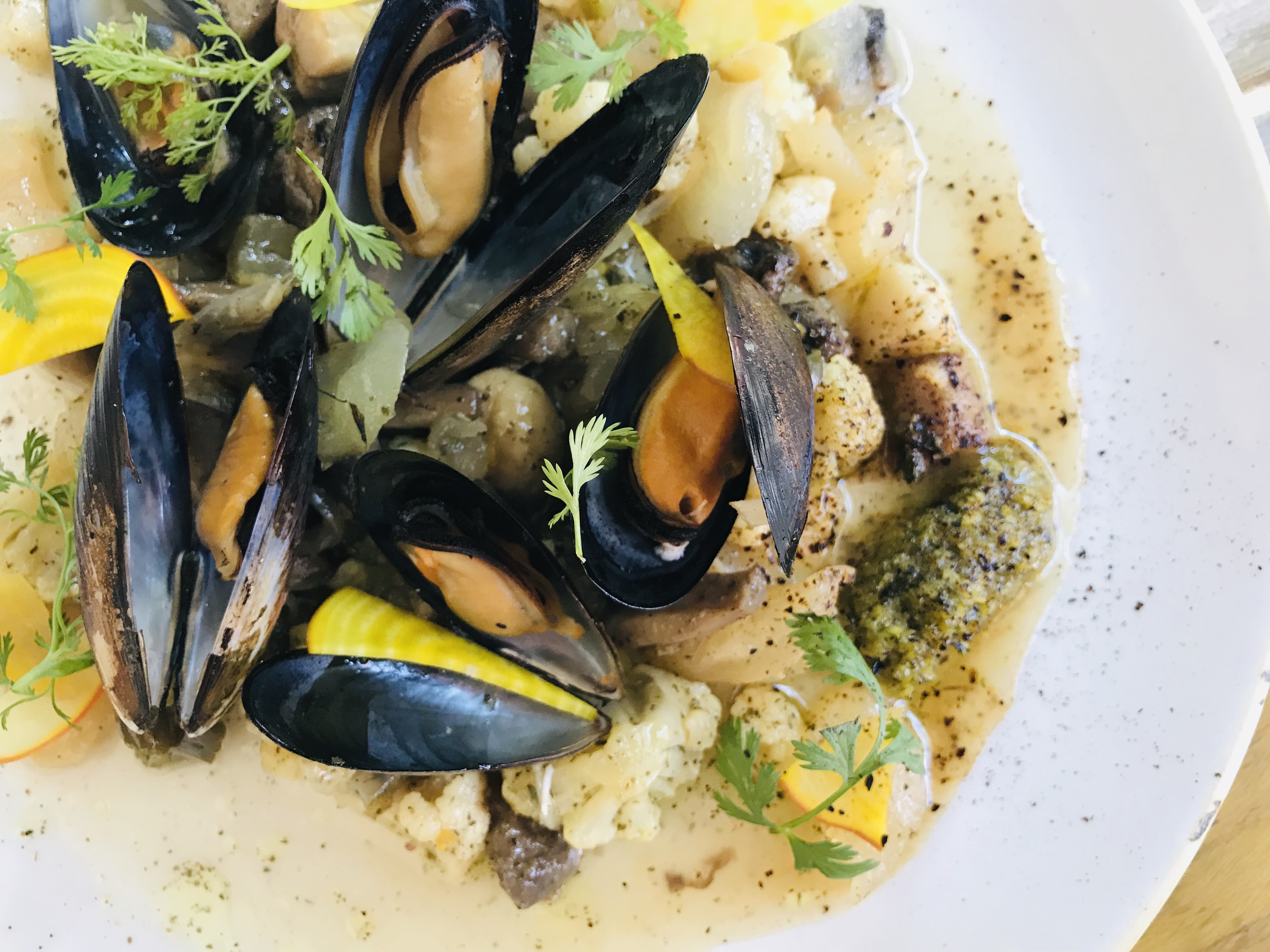 Antolina. Tostada de pata con coliflor, mejillones, cilantro y betabel.